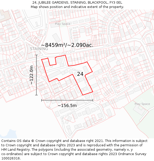 24, JUBILEE GARDENS, STAINING, BLACKPOOL, FY3 0EL: Plot and title map