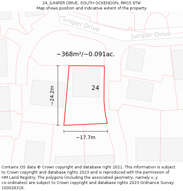 24, JUNIPER DRIVE, SOUTH OCKENDON, RM15 6TW: Plot and title map