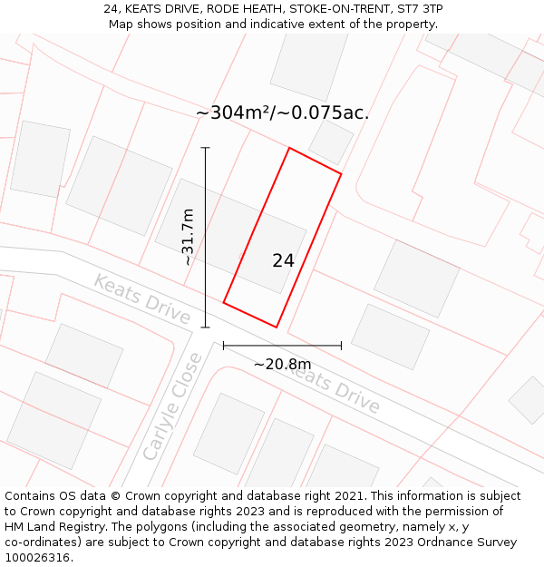 24, KEATS DRIVE, RODE HEATH, STOKE-ON-TRENT, ST7 3TP: Plot and title map