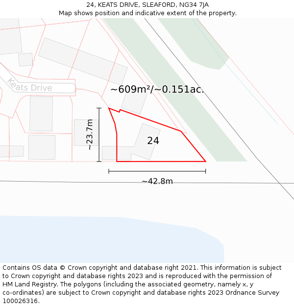 24, KEATS DRIVE, SLEAFORD, NG34 7JA: Plot and title map