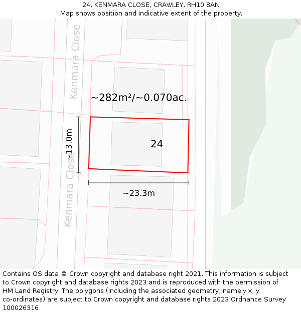 24, KENMARA CLOSE, CRAWLEY, RH10 8AN: Plot and title map