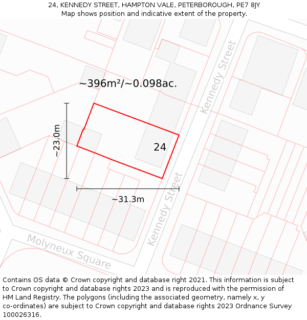 24, KENNEDY STREET, HAMPTON VALE, PETERBOROUGH, PE7 8JY: Plot and title map