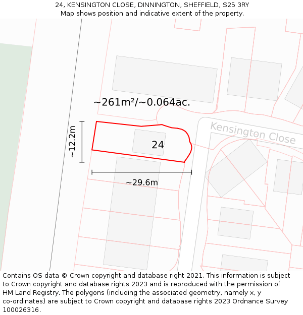 24, KENSINGTON CLOSE, DINNINGTON, SHEFFIELD, S25 3RY: Plot and title map