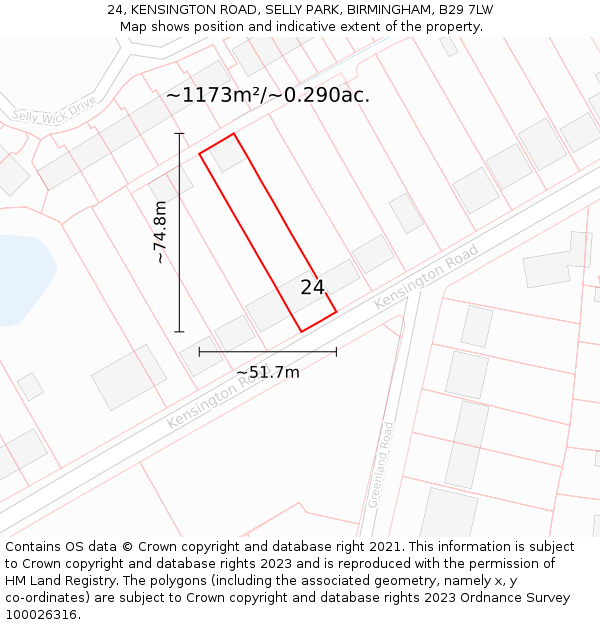 24, KENSINGTON ROAD, SELLY PARK, BIRMINGHAM, B29 7LW: Plot and title map