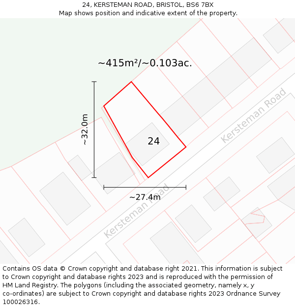 24, KERSTEMAN ROAD, BRISTOL, BS6 7BX: Plot and title map