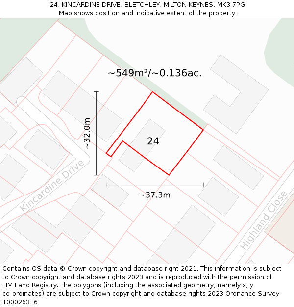 24, KINCARDINE DRIVE, BLETCHLEY, MILTON KEYNES, MK3 7PG: Plot and title map