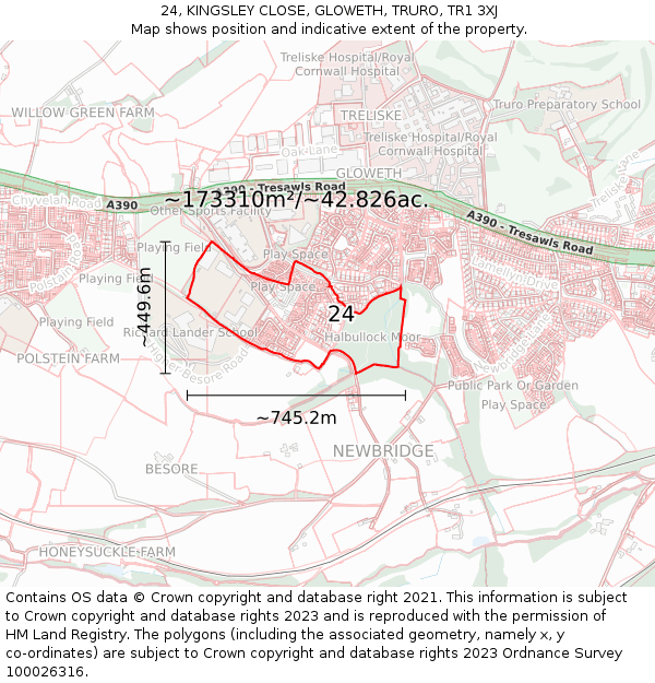 24, KINGSLEY CLOSE, GLOWETH, TRURO, TR1 3XJ: Plot and title map