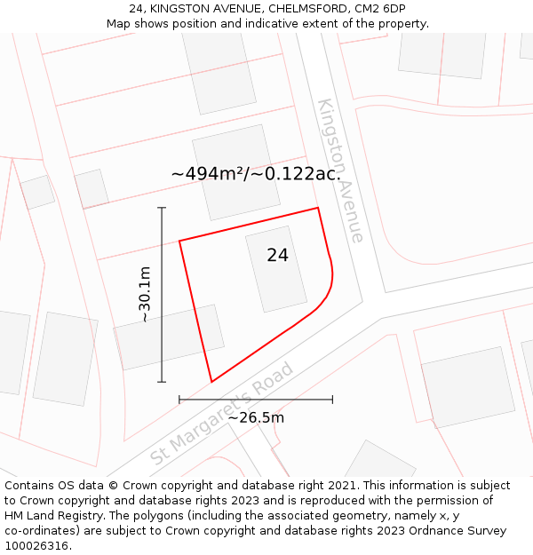 24, KINGSTON AVENUE, CHELMSFORD, CM2 6DP: Plot and title map