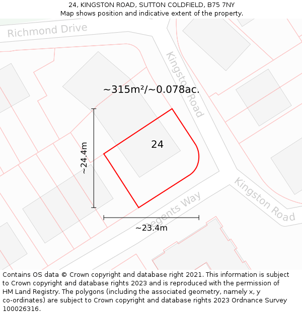 24, KINGSTON ROAD, SUTTON COLDFIELD, B75 7NY: Plot and title map