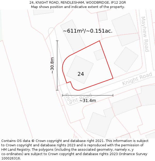 24, KNIGHT ROAD, RENDLESHAM, WOODBRIDGE, IP12 2GR: Plot and title map