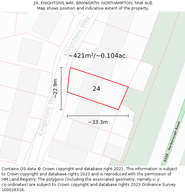 24, KNIGHTONS WAY, BRIXWORTH, NORTHAMPTON, NN6 9UE: Plot and title map