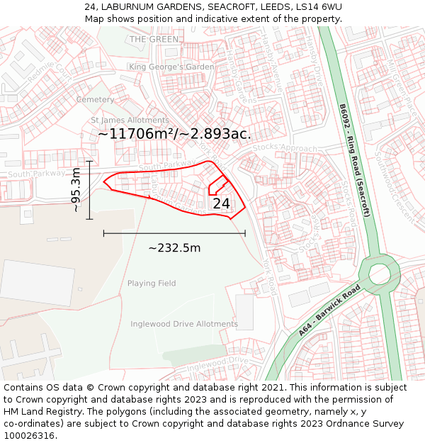 24, LABURNUM GARDENS, SEACROFT, LEEDS, LS14 6WU: Plot and title map
