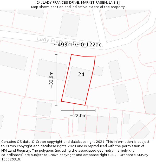 24, LADY FRANCES DRIVE, MARKET RASEN, LN8 3JJ: Plot and title map