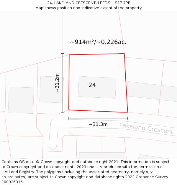 24, LAKELAND CRESCENT, LEEDS, LS17 7PR: Plot and title map