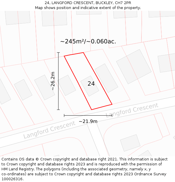 24, LANGFORD CRESCENT, BUCKLEY, CH7 2PR: Plot and title map