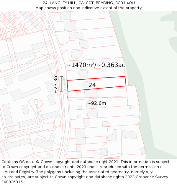 24, LANGLEY HILL, CALCOT, READING, RG31 4QU: Plot and title map