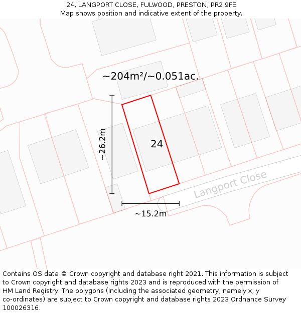 24, LANGPORT CLOSE, FULWOOD, PRESTON, PR2 9FE: Plot and title map