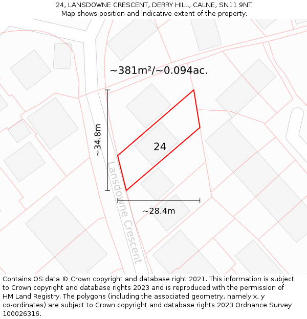 24, LANSDOWNE CRESCENT, DERRY HILL, CALNE, SN11 9NT: Plot and title map
