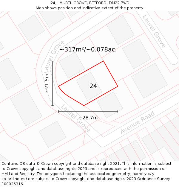 24, LAUREL GROVE, RETFORD, DN22 7WD: Plot and title map