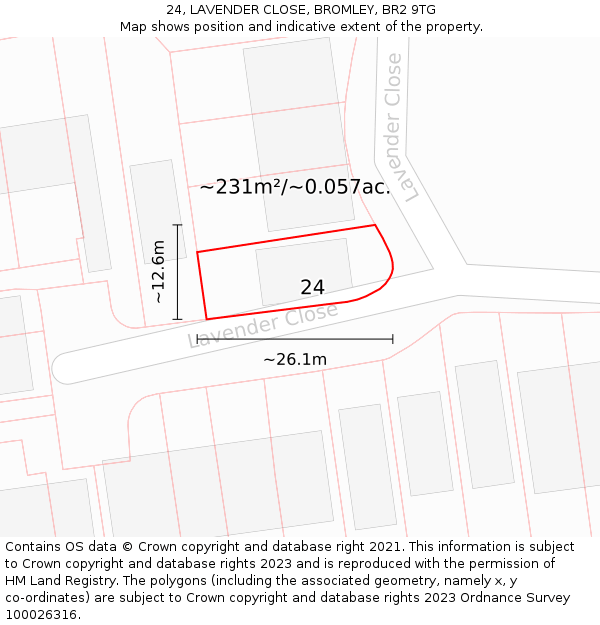 24, LAVENDER CLOSE, BROMLEY, BR2 9TG: Plot and title map