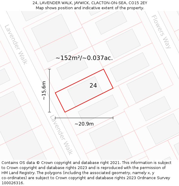24, LAVENDER WALK, JAYWICK, CLACTON-ON-SEA, CO15 2EY: Plot and title map