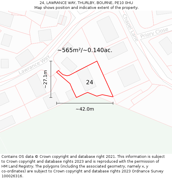 24, LAWRANCE WAY, THURLBY, BOURNE, PE10 0HU: Plot and title map