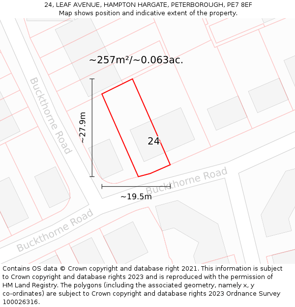 24, LEAF AVENUE, HAMPTON HARGATE, PETERBOROUGH, PE7 8EF: Plot and title map