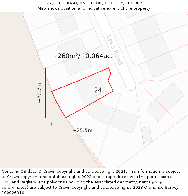 24, LEES ROAD, ANDERTON, CHORLEY, PR6 9PP: Plot and title map