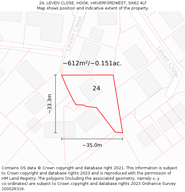 24, LEVEN CLOSE, HOOK, HAVERFORDWEST, SA62 4LF: Plot and title map