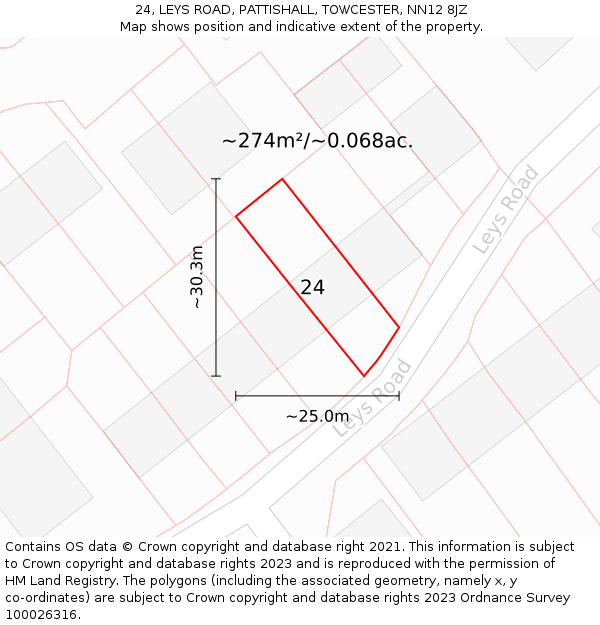 24, LEYS ROAD, PATTISHALL, TOWCESTER, NN12 8JZ: Plot and title map