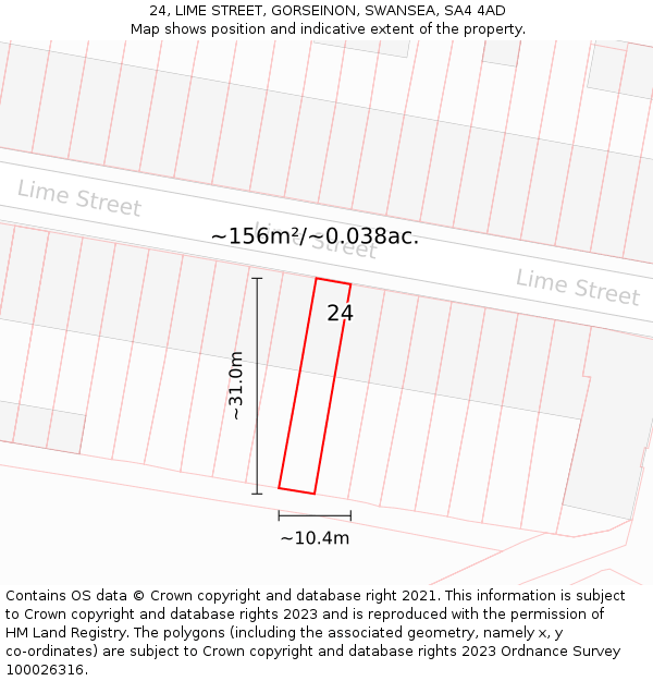 24, LIME STREET, GORSEINON, SWANSEA, SA4 4AD: Plot and title map