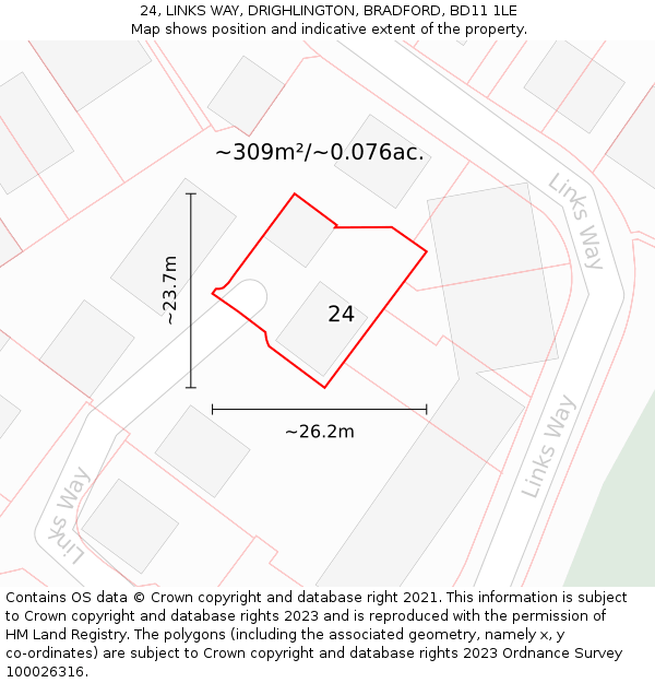 24, LINKS WAY, DRIGHLINGTON, BRADFORD, BD11 1LE: Plot and title map