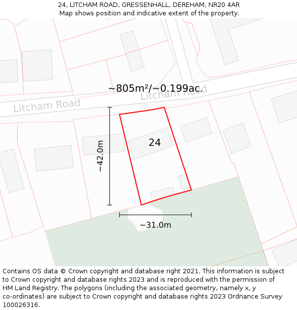 24, LITCHAM ROAD, GRESSENHALL, DEREHAM, NR20 4AR: Plot and title map