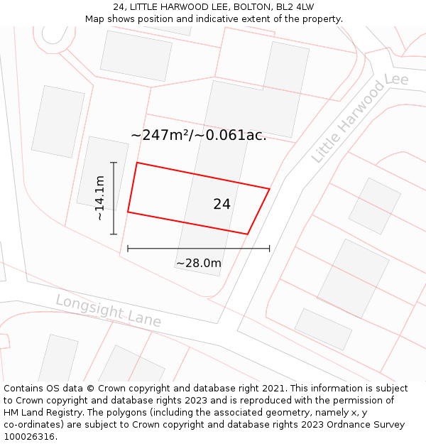 24, LITTLE HARWOOD LEE, BOLTON, BL2 4LW: Plot and title map
