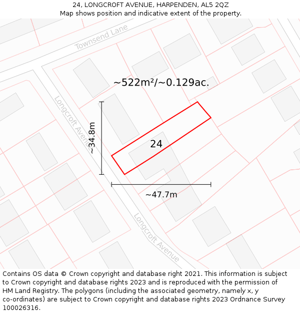 24, LONGCROFT AVENUE, HARPENDEN, AL5 2QZ: Plot and title map