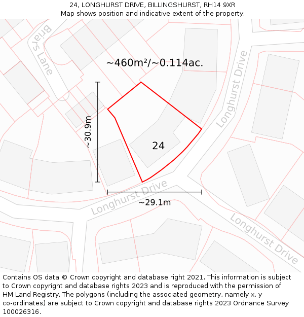 24, LONGHURST DRIVE, BILLINGSHURST, RH14 9XR: Plot and title map
