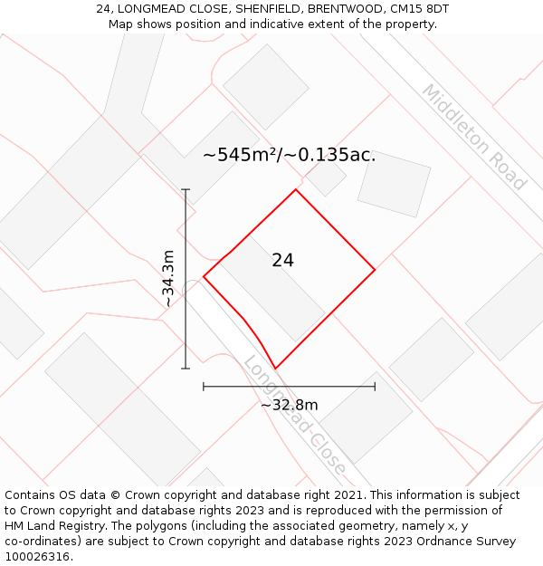 24, LONGMEAD CLOSE, SHENFIELD, BRENTWOOD, CM15 8DT: Plot and title map