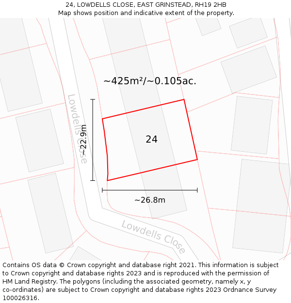 24, LOWDELLS CLOSE, EAST GRINSTEAD, RH19 2HB: Plot and title map
