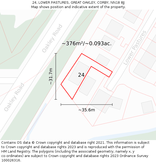 24, LOWER PASTURES, GREAT OAKLEY, CORBY, NN18 8JJ: Plot and title map