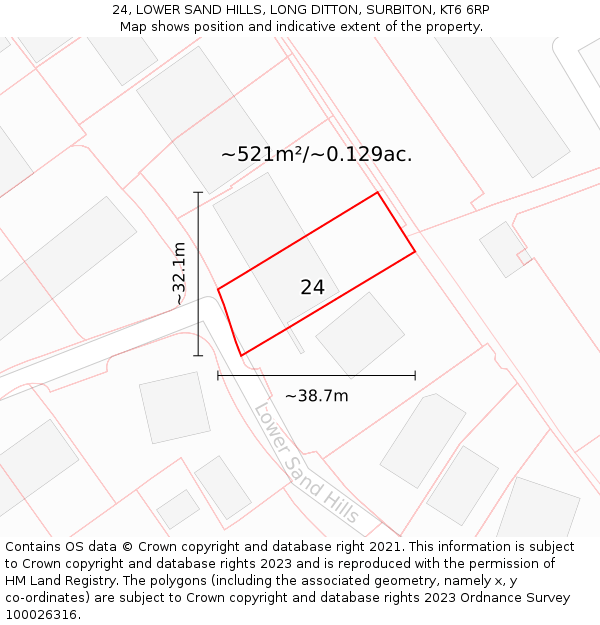 24, LOWER SAND HILLS, LONG DITTON, SURBITON, KT6 6RP: Plot and title map