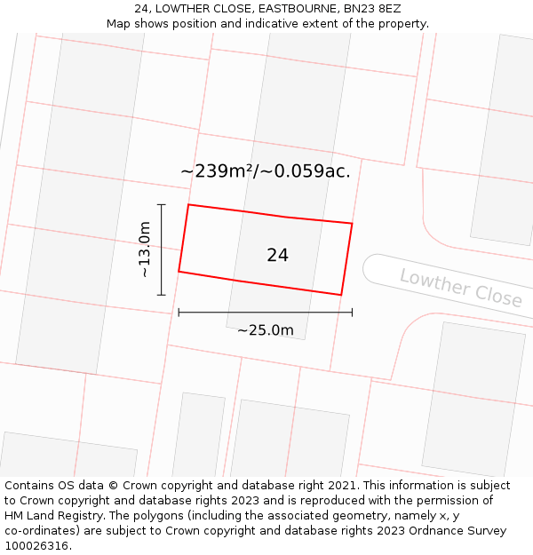 24, LOWTHER CLOSE, EASTBOURNE, BN23 8EZ: Plot and title map