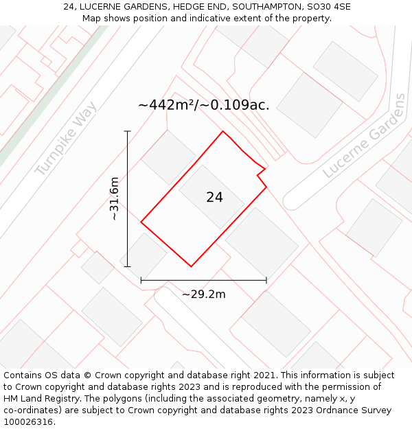 24, LUCERNE GARDENS, HEDGE END, SOUTHAMPTON, SO30 4SE: Plot and title map