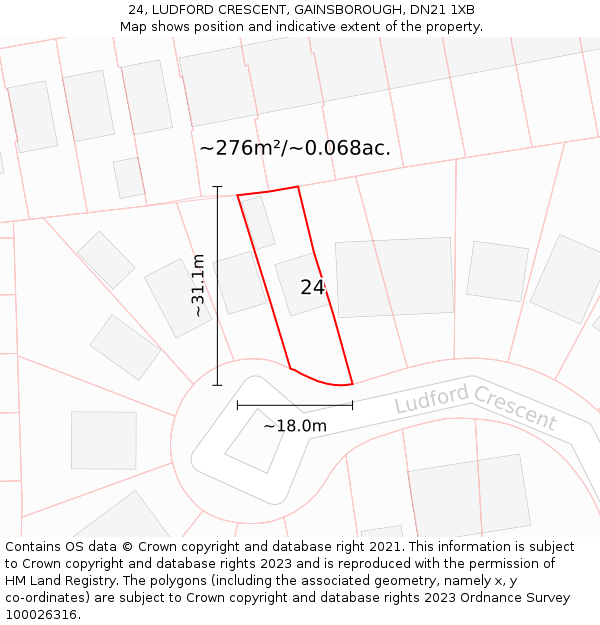 24, LUDFORD CRESCENT, GAINSBOROUGH, DN21 1XB: Plot and title map