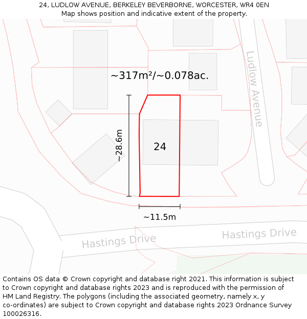 24, LUDLOW AVENUE, BERKELEY BEVERBORNE, WORCESTER, WR4 0EN: Plot and title map