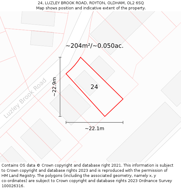 24, LUZLEY BROOK ROAD, ROYTON, OLDHAM, OL2 6SQ: Plot and title map