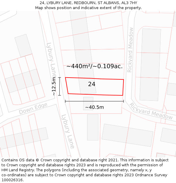 24, LYBURY LANE, REDBOURN, ST ALBANS, AL3 7HY: Plot and title map