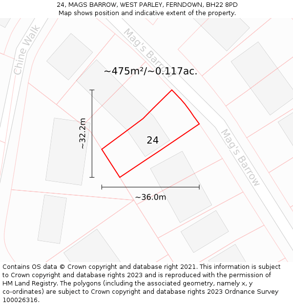 24, MAGS BARROW, WEST PARLEY, FERNDOWN, BH22 8PD: Plot and title map