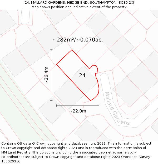 24, MALLARD GARDENS, HEDGE END, SOUTHAMPTON, SO30 2XJ: Plot and title map