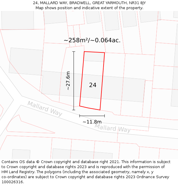 24, MALLARD WAY, BRADWELL, GREAT YARMOUTH, NR31 8JY: Plot and title map