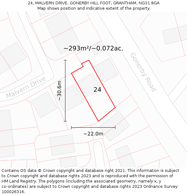 24, MALVERN DRIVE, GONERBY HILL FOOT, GRANTHAM, NG31 8GA: Plot and title map